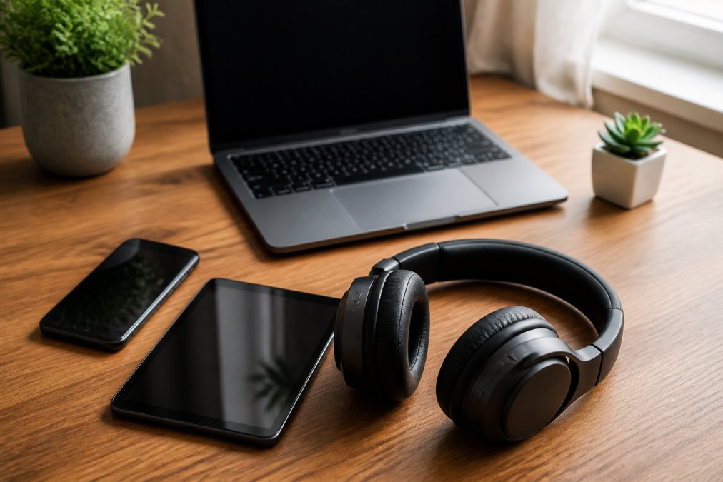 Desktop workspace showing smartphone, laptop, and tablet arranged together with wireless headphones nearby, illustrating seamless multi-device connectivity and casual gaming setup
