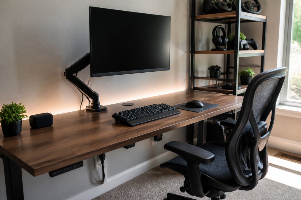 Organized gaming desk setup with monitor mounted on adjustable arm, mechanical keyboard and mouse positioned for ergonomics, cable management clips routing wires neatly behind desk, small RGB lighting elements, and storage shelves displaying gaming peripherals in a modern room with natural window lighting