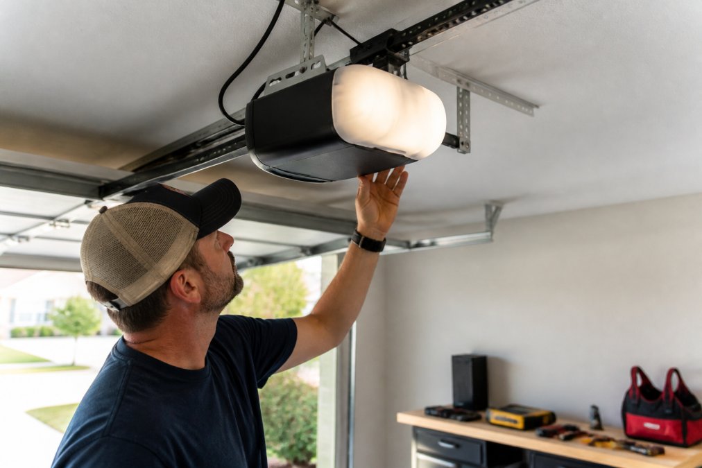 A homeowner in a suburban Texas garage inspecting a newly installed belt-drive garage door opener mounted on the ceiling, with a clean workbench and tools visible in the background