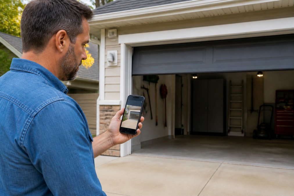 Homeowner checking a live security camera feed on their smartphone outside a garage door