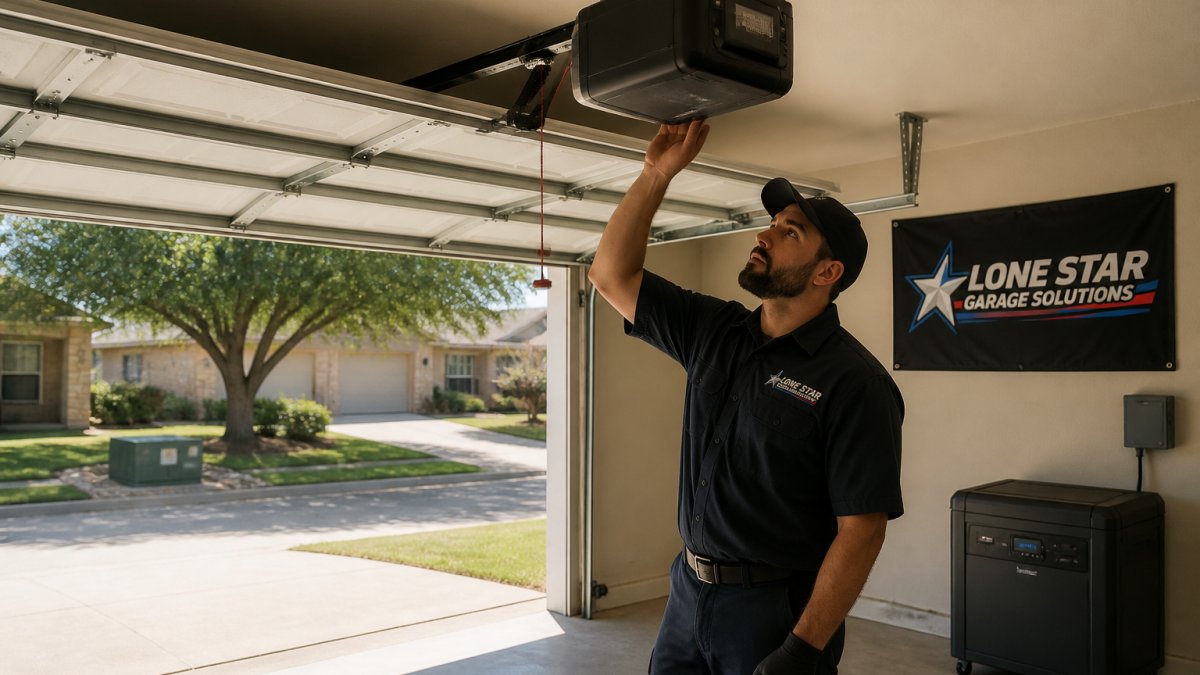 A technician in work clothes inspecting a ceiling-mounted garage door opener rail and motor inside a warm, sunlit residential garage with the door partially open