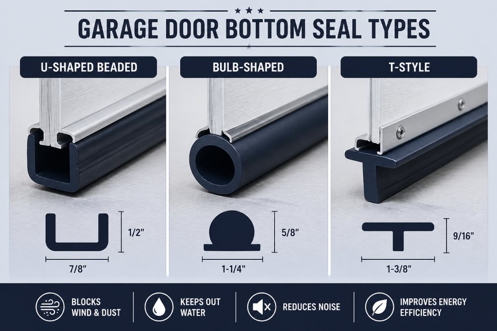Close-up of three different garage door bottom seal profiles (U-shaped beaded, bulb-shaped, and T-style) displayed side by side on a work surface, showing distinct rubber shapes and construction details