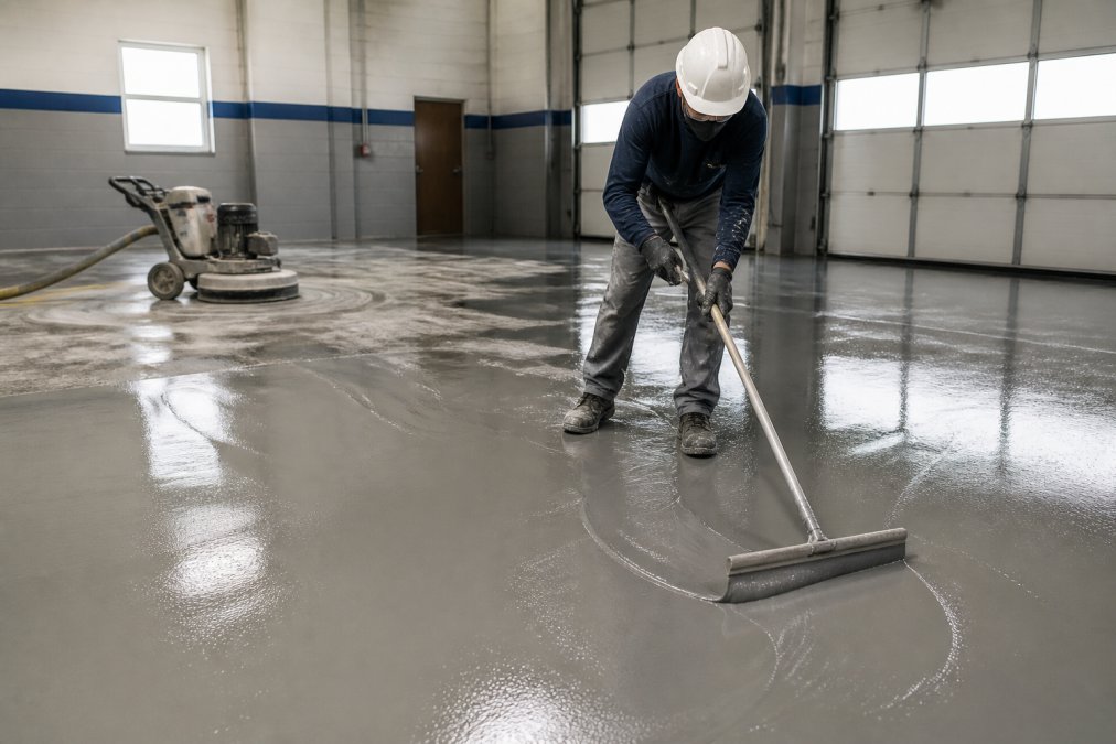 Professional installer applying heavy-duty garage floor coating with a squeegee and roller in a commercial space