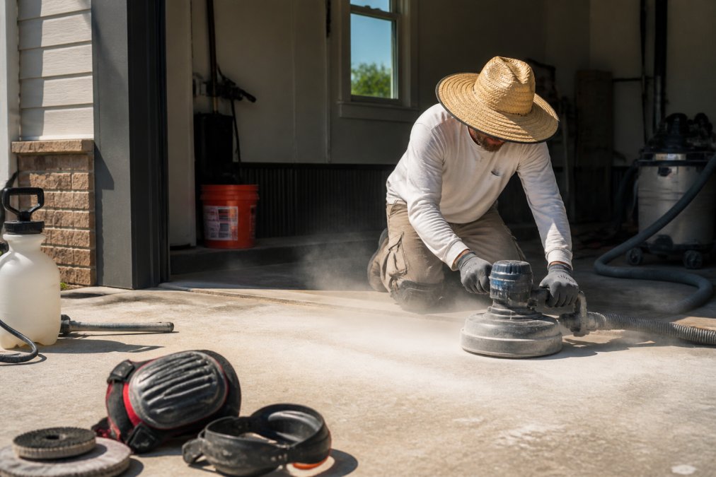 A contractor in a wide-brimmed hat using a diamond grinder on a concrete garage floor in bright sunlight, with dust visible and prep tools nearby