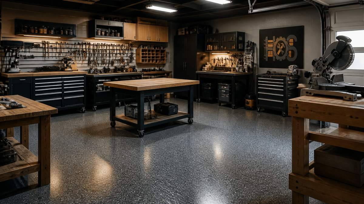 Organized home workshop with woodworking tools arranged on a clean, well-maintained epoxy-coated concrete floor, showing workbenches, tool storage, and bright overhead lighting in a spacious garage