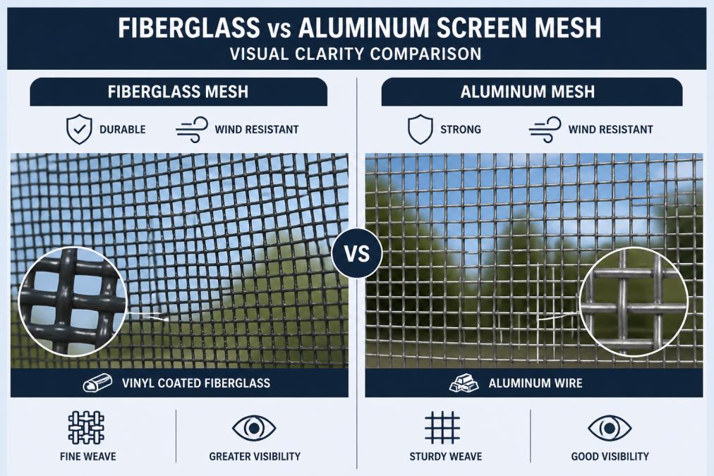 Infographic comparing fiberglass and aluminum mesh to determine the best garage screen mesh types for high wind areas