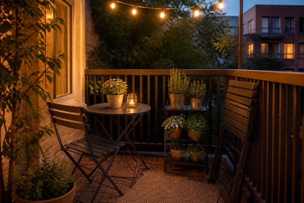 Gray metal bistro set on a cozy apartment patio with tiered potted herbs and warm string lights at dusk.