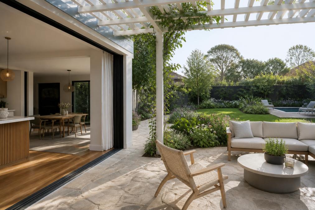 Modern residential garden with seamless transition from house to outdoor patio area, featuring stone paving, integrated pergola providing dappled shade, contemporary outdoor furniture, and softly planted garden beds creating defined zones