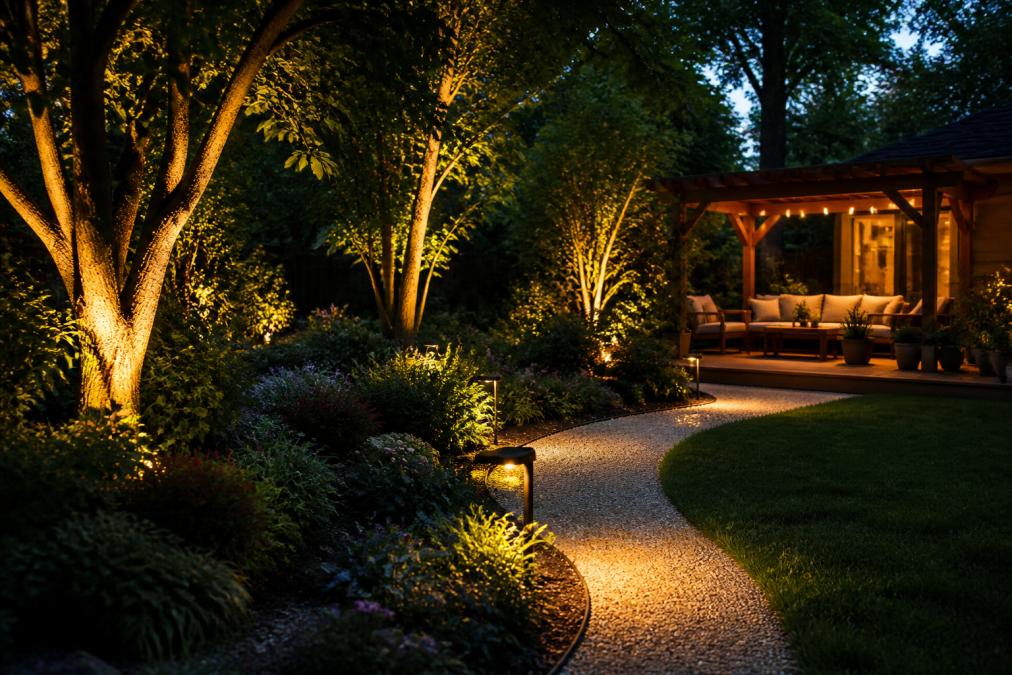 Suburban garden at dusk with layered outdoor lighting: warm uplighting illuminating mature trees, soft pathway lights along curved garden beds, and ambient warm lighting near a timber patio with outdoor furniture and cushions