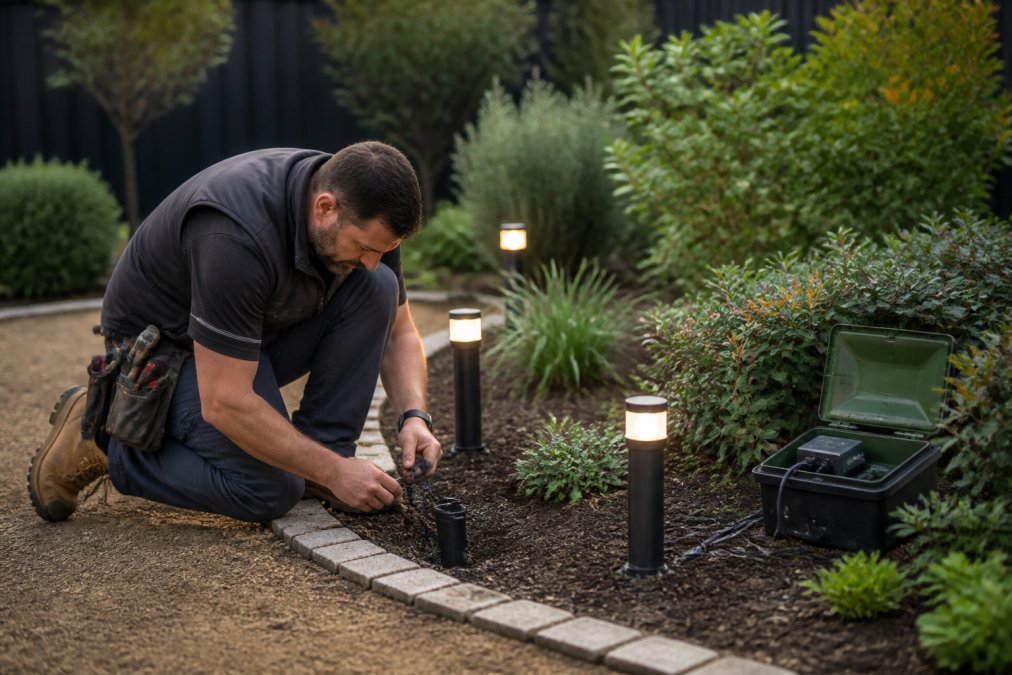 Qualified technician installing low-voltage garden pathway lights near garden beds, showing proper wiring connections, transformer placement in weatherproof housing, and correct positioning of lights along a curved garden edge