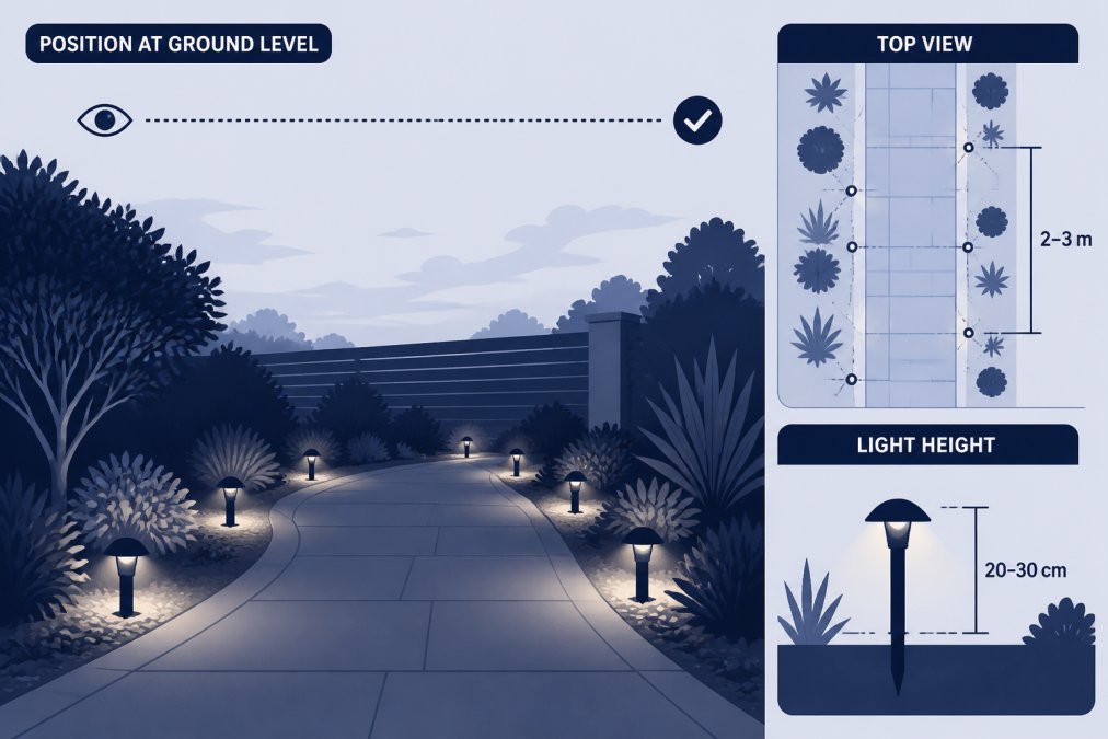 Garden at dusk with spike lights positioned at ground level along a pathway showing warm white light diffusing softly without harsh shadows or bright spots visible from eye level