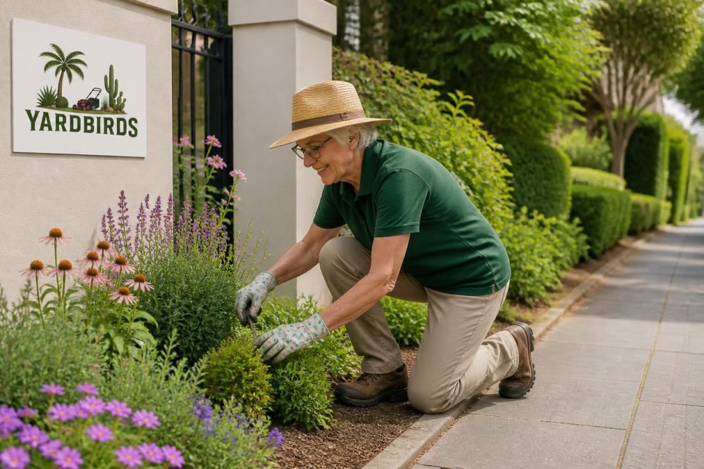 Older adult tending to a well-maintained garden with flowering plants and neat pathways, showing safe access and comfortable working height