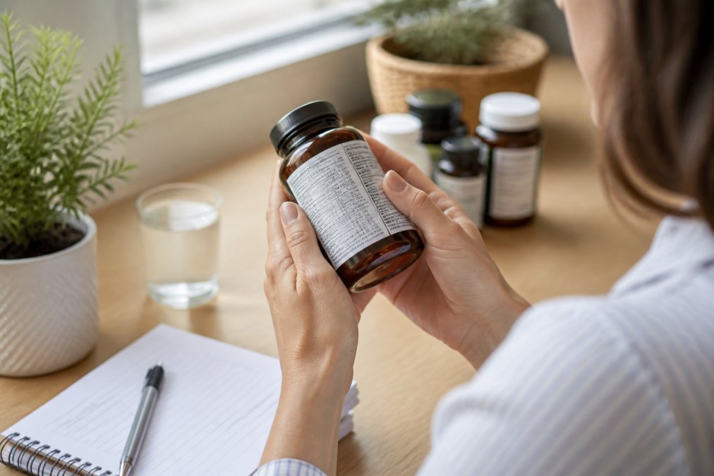 Person's hands holding a supplement bottle and reading the detailed nutrition facts label in natural daylight, examining ingredient list closely