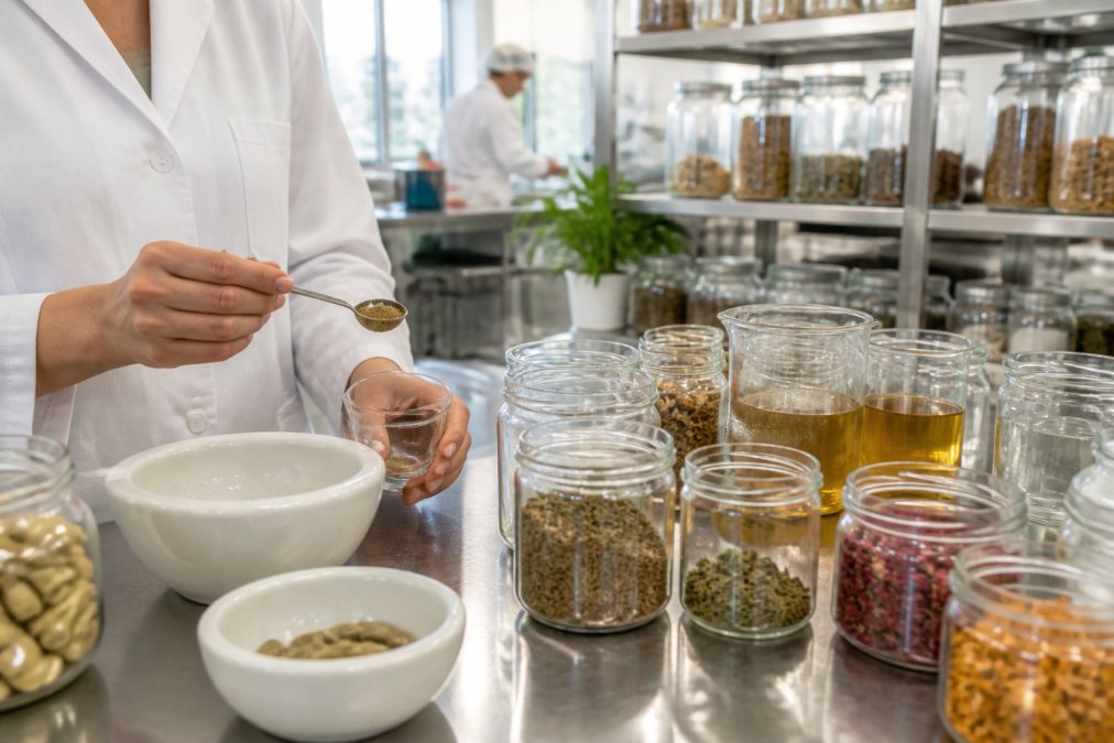 Hands carefully measuring and mixing organic supplement ingredients in a bright, clean USA-based production facility, with glass containers and natural lighting