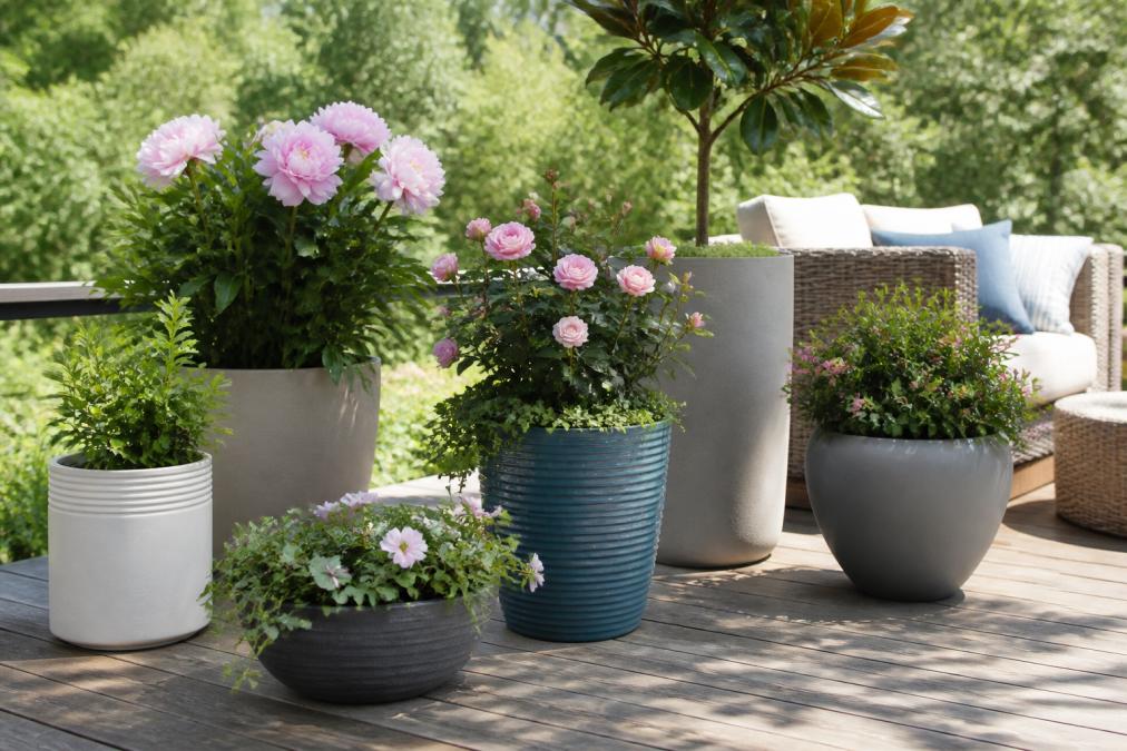 Vibrant outdoor patio setting with multiple planters of varying heights, materials, and colors arranged on a wooden deck, featuring blooming flowers in blush tones and deep green foliage under bright natural daylight
