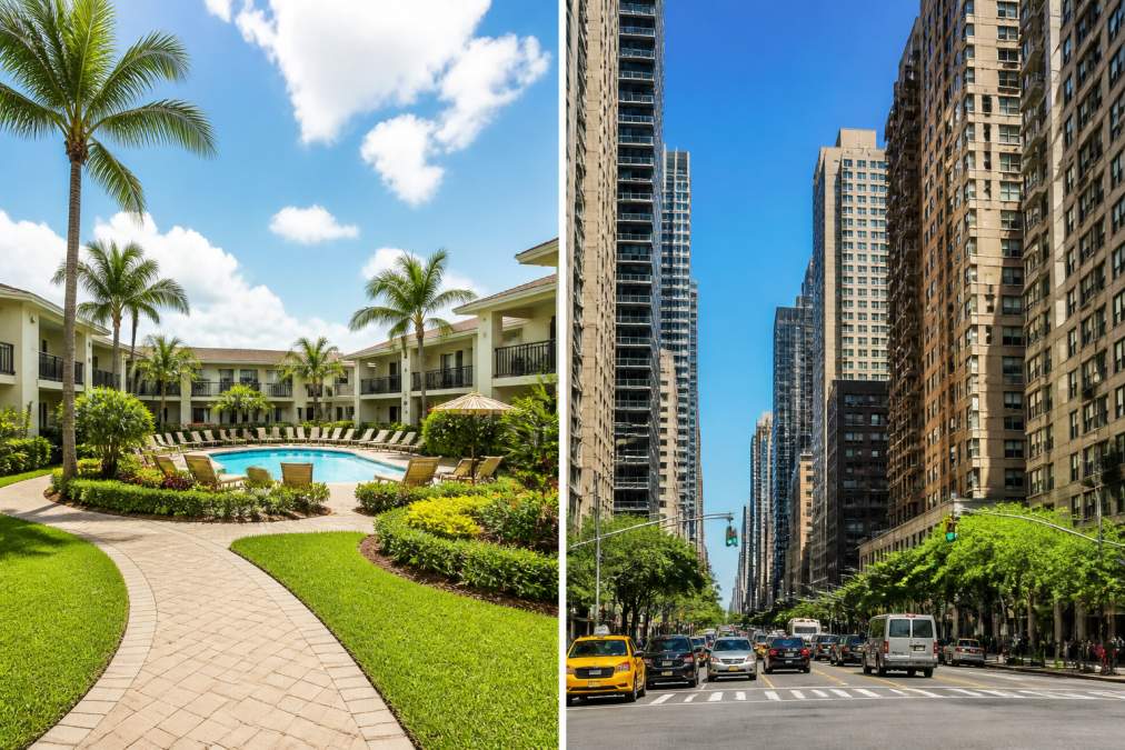 Best Garden-Style Apartments in Boca Raton 2026 1 A serene garden-style apartment courtyard with lush landscaped grounds, winding walking paths, and a resort-style pool surrounded by low-rise residential buildings and tropical vegetation under bright Florida sunlight