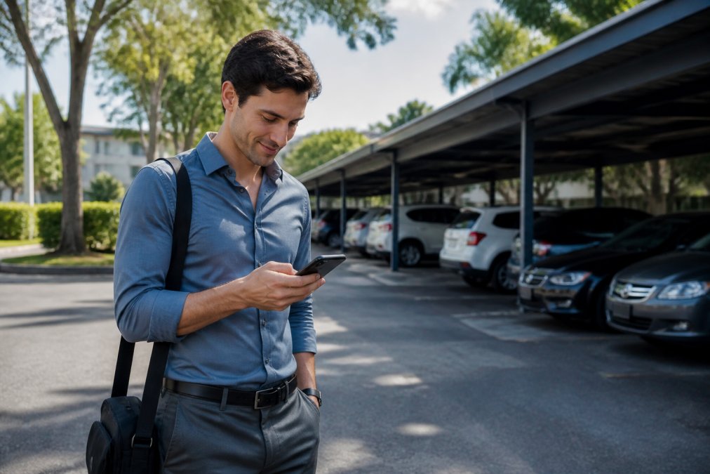 Best Garden-Style Apartments in Boca Raton 2026 3 A young professional standing near a covered parking area, checking directions on their smartphone with a visible map interface, suggesting easy commute planning to major routes