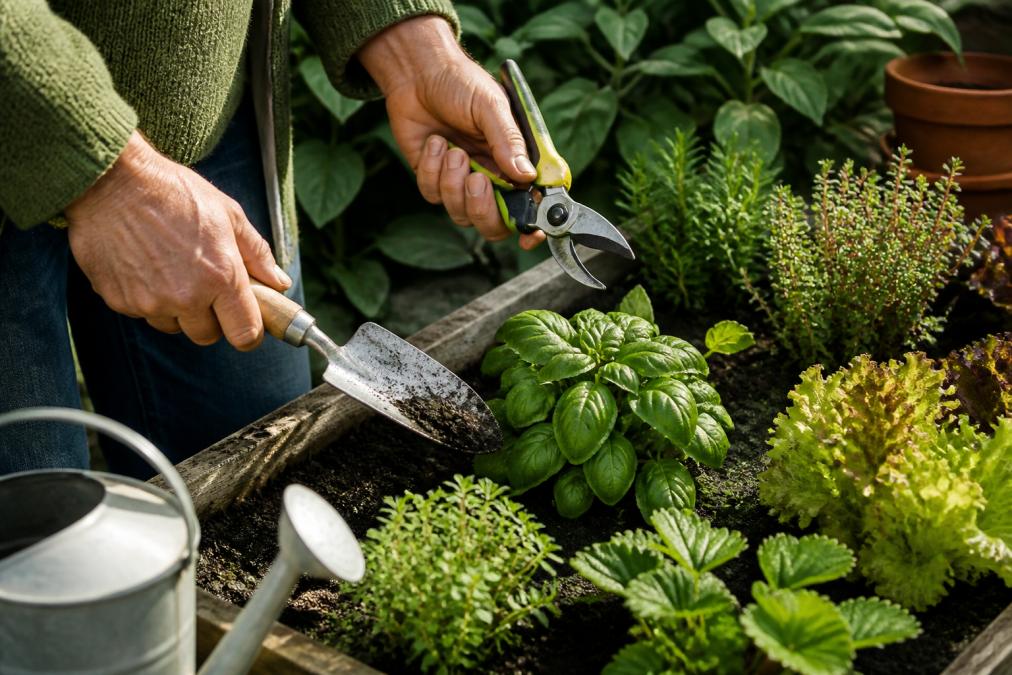 Close-up of a gardener's hands holding a bypass pruner and hand trowel over a small raised bed with fresh herbs and vegetables in morning sunlight
