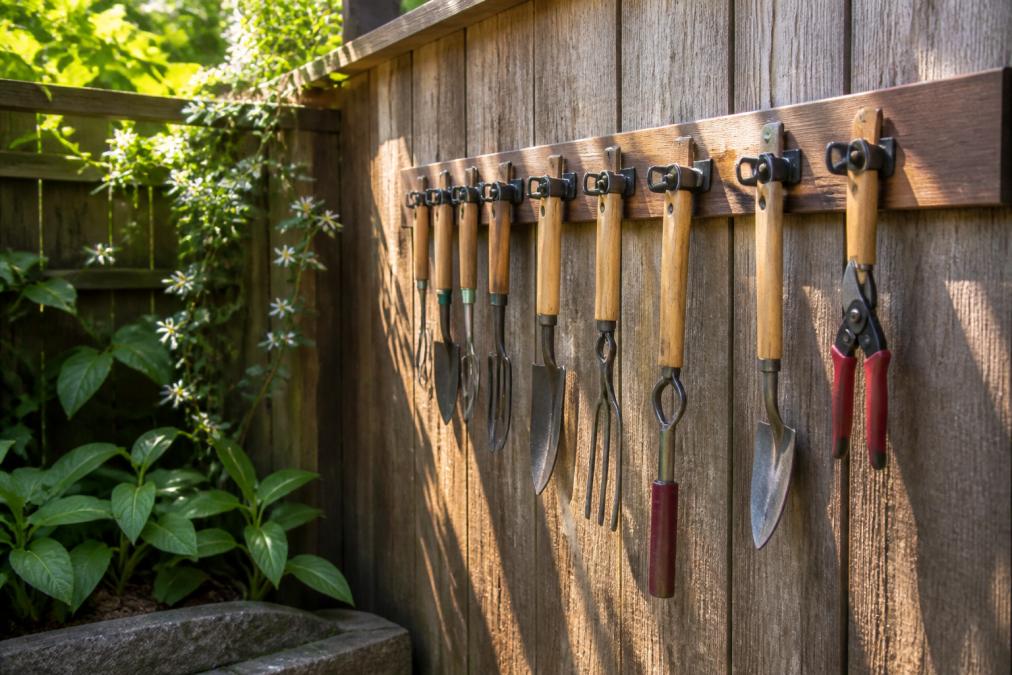 Organized wall-mounted tool rack in a small backyard corner with pruning shears, hand hoes, and other compact tools neatly arranged on a weathered wooden fence in afternoon sunlight