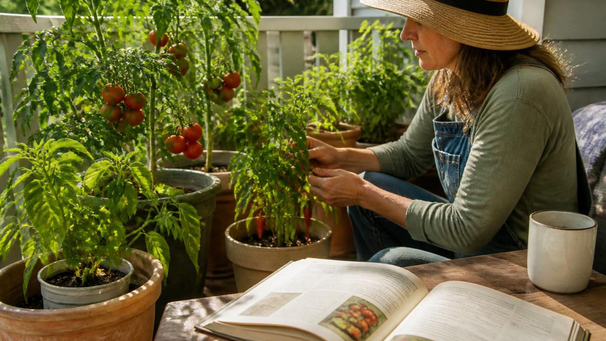 Infographic illustrating the process of container vegetable gardening for small southern spaces