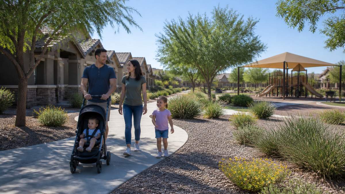 Family with children walking in one of the best gated communities for families in Gilbert with desert landscaping