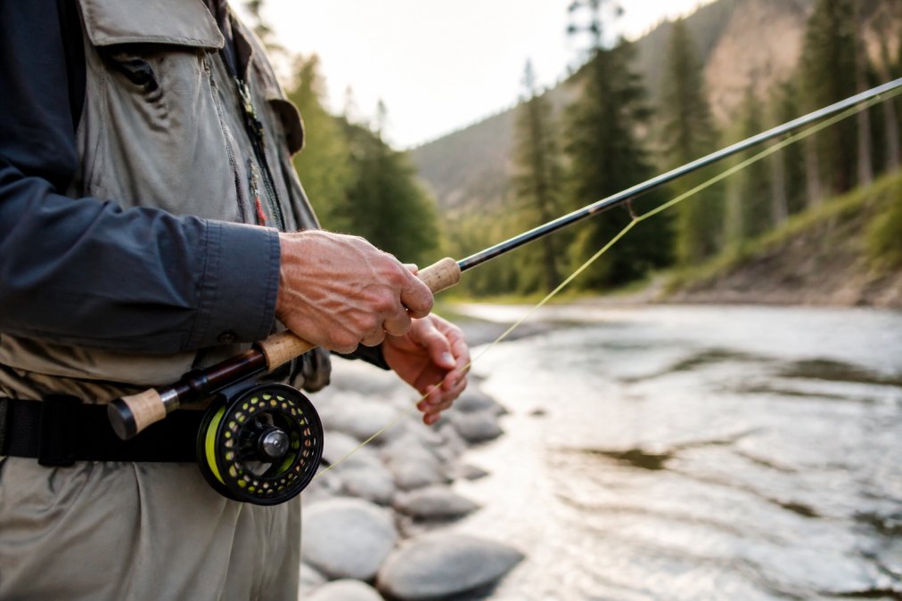 Close-up of an angler's hands gripping a fly rod with a reel and fly line visible, standing streamside with a blurred river and rocky bank in the background under bright morning light