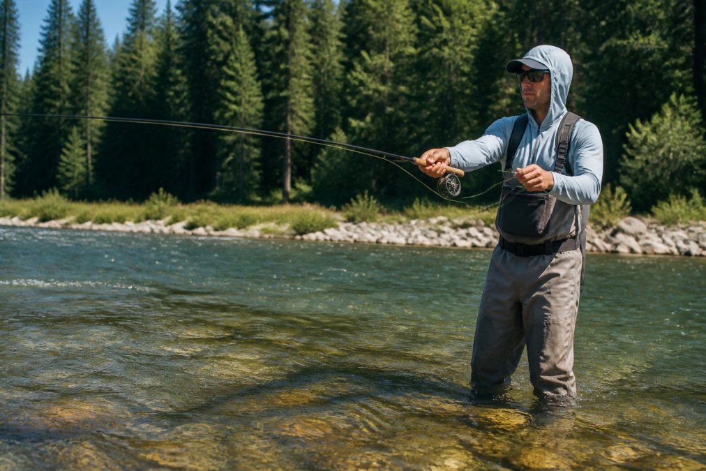 Angler standing mid-thigh in a clear river wearing quick-drying sun shirt, waders, wading boots, and polarized sunglasses, casting a fly rod in bright afternoon sunlight with a forested bank in the background