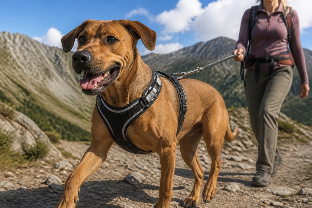 Active dog wearing a padded no-pull harness on a mountain trail, demonstrating proper fit and reflective straps in daylight conditions