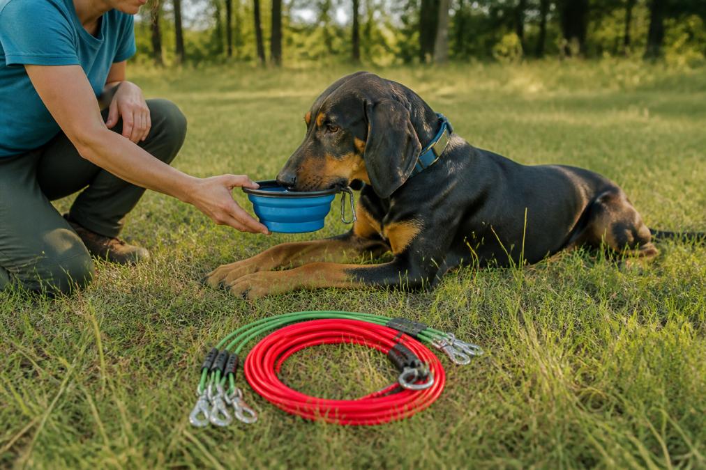 Hound resting after outdoor activity with handler offering water from a collapsible bowl in a field setting with trees and natural lighting