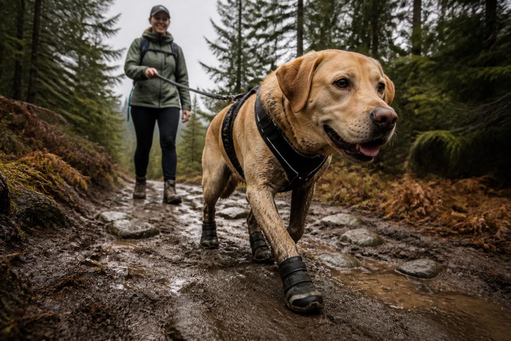 A muddy dog on a forest trail wearing protective boots and a harness, actively hiking with a handler visible in the background during an overcast afternoon