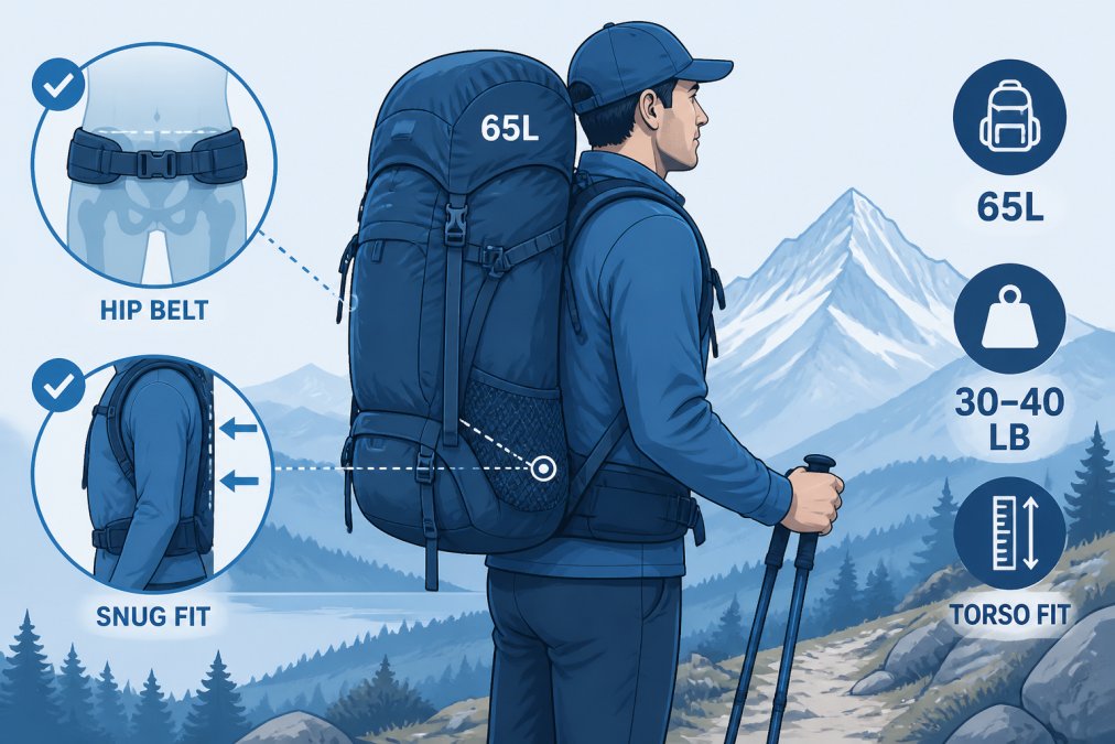 Hiker wearing fully loaded 65-liter backpack on mountain trail, showing proper hip belt positioned on hips and pack sitting snugly against torso, with scenic alpine landscape in background