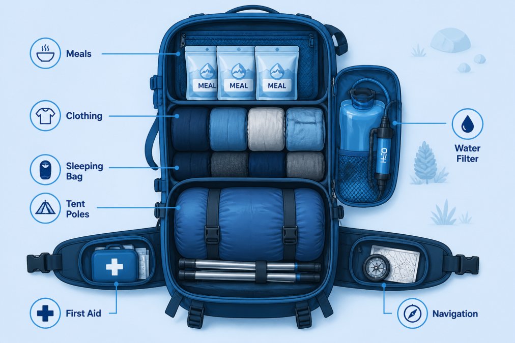 Open backpack laid flat with organized compartments showing sleeping bag compressed in bottom, tent poles alongside, water filter and hydration bladder in side pocket, freeze-dried meals in upper compartment, clothing rolled in middle section, first aid kit and navigation tools in hip belt pockets, all arranged neatly on outdoor surface