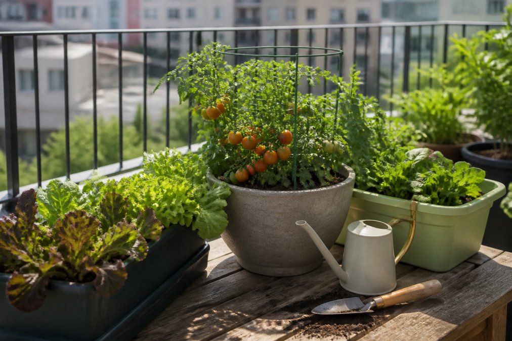 A sunny balcony with several containers of varying sizes holding leafy greens and micro-dwarf tomato plants, with a small watering can and hand trowel resting nearby