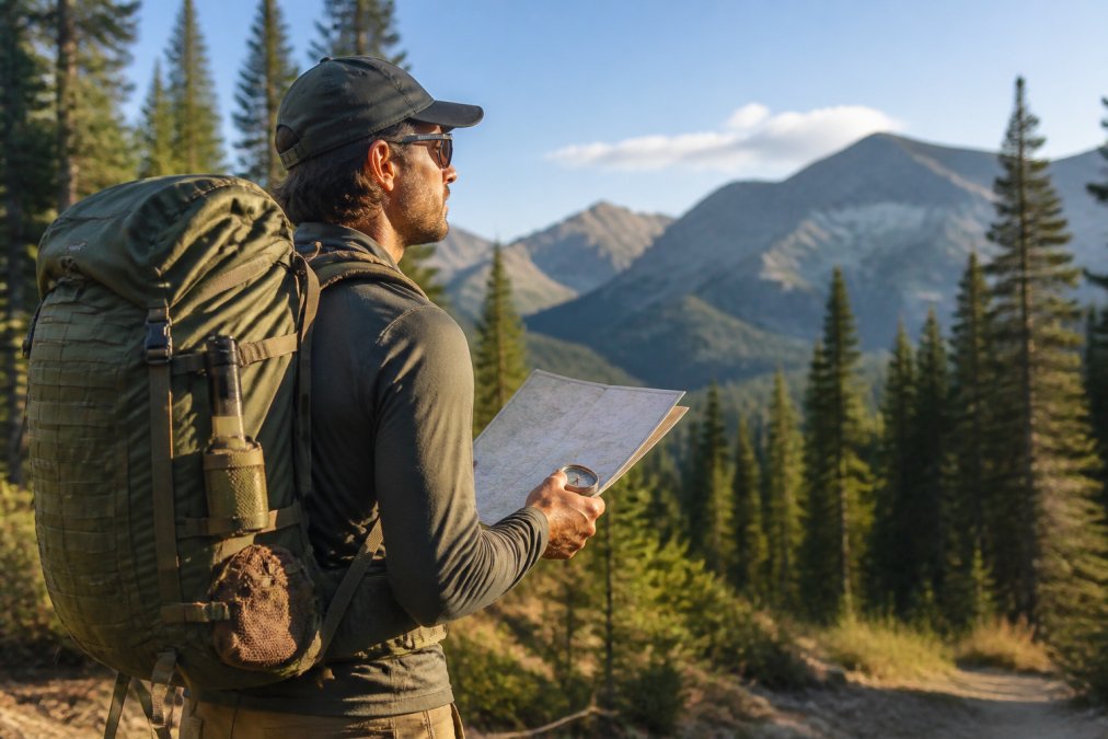 A hiker in their 30s wearing a loaded backpack, standing at a trailhead with a map and compass, surrounded by pine trees and morning light, looking prepared and confident