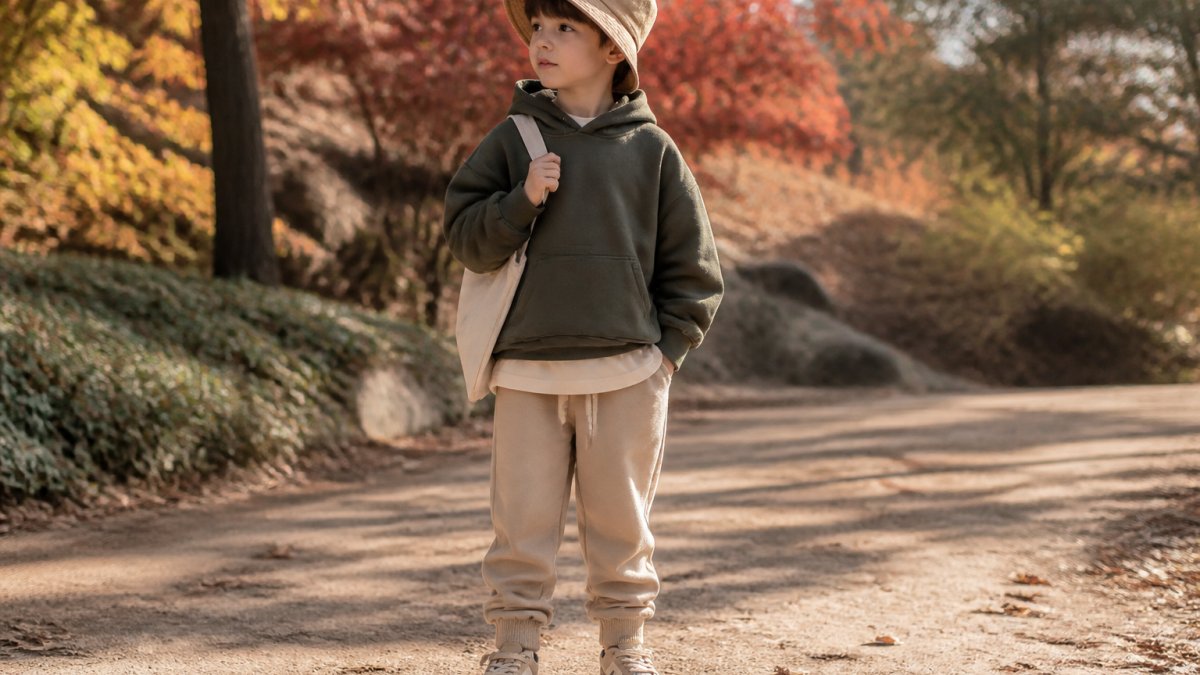 Child wearing a layered oversized hoodie, neutral joggers, and a bucket hat in an autumnal outdoor setting.