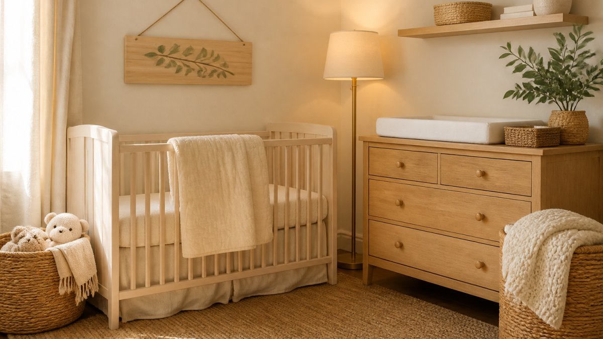 Serene nursery corner with cream bedding, wooden name sign, and woven baskets under soft golden lighting