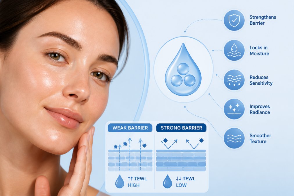 Close-up of person's face showing clear, healthy skin texture with visible radiance and smooth complexion under soft natural light