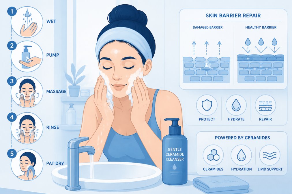 Person applying gentle ceramide cleanser to face with damp hands over a bathroom sink, showing proper cleansing technique with soft natural lighting