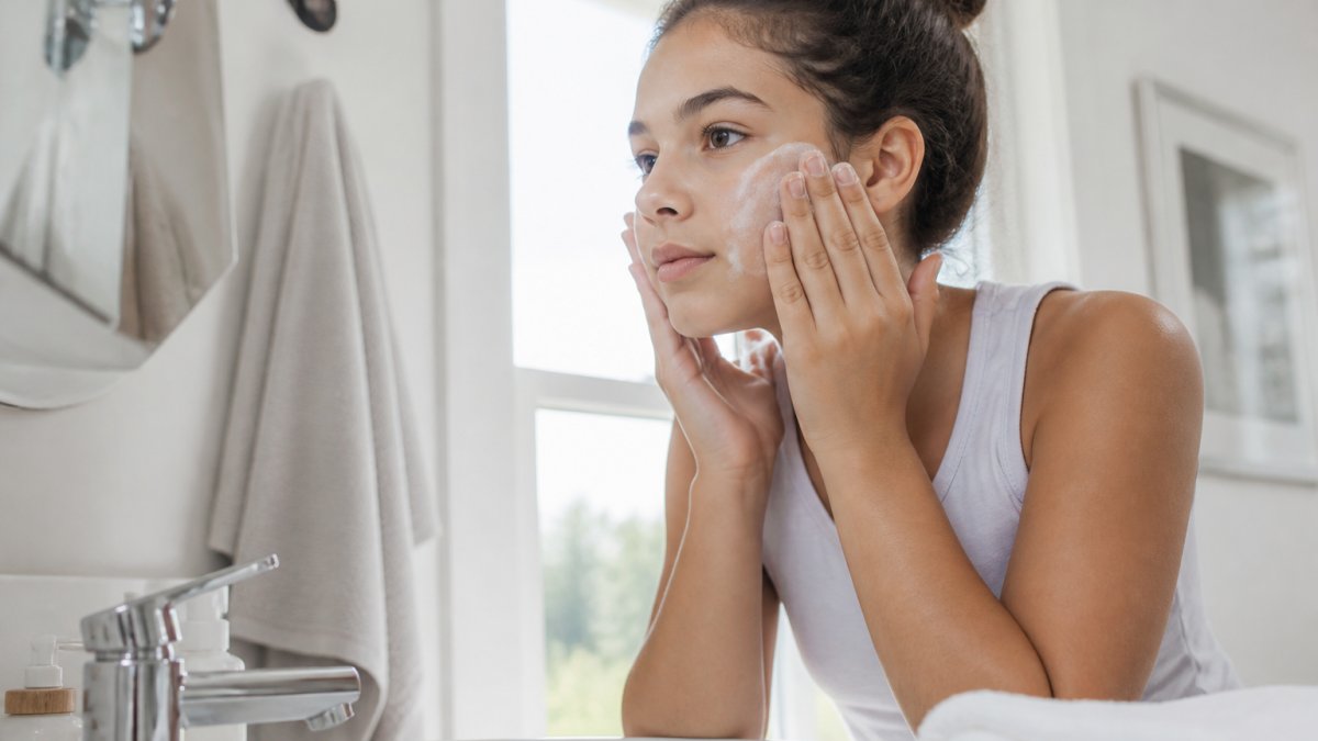 Young girl applying a creamy facial cleanser in a sunlit bathroom