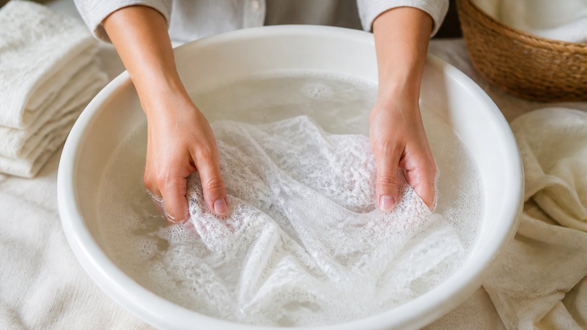 Step-by-step diagram illustrating the process of hand-washing a delicate lace garment in a basin of lukewarm water.