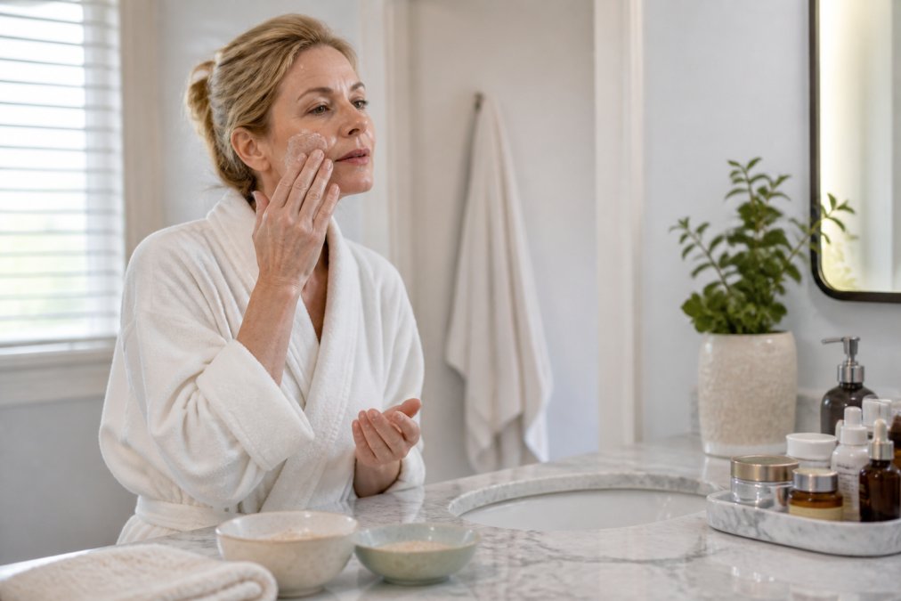 Woman in her fifties applying a gentle skincare exfoliant in a bright, modern bathroom with products on the counter.