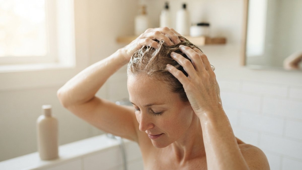 A woman with fine, thinning hair gently massaging sulfate-free shampoo into her scalp in a bright bathroom, warm natural light, soft focus on her hands and hair
