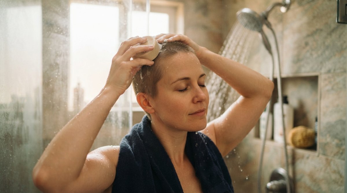 Person with short hair gently massaging a solid shampoo bar into their scalp in a warm, peaceful bathroom.
