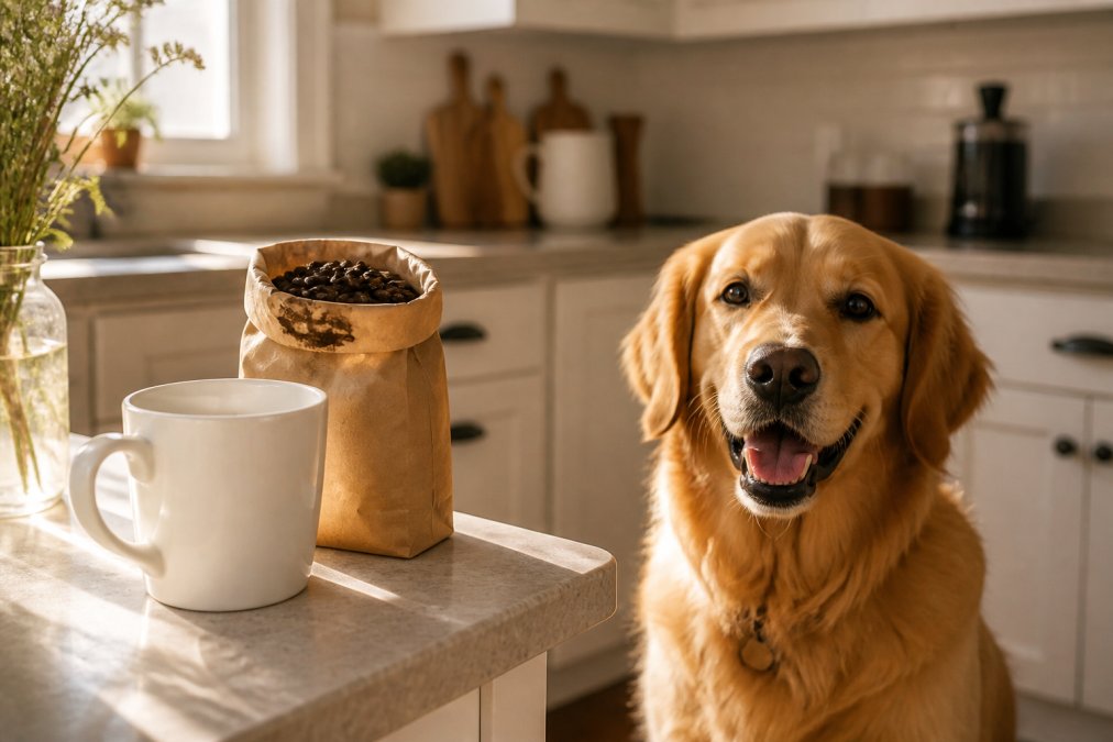 Golden retriever sitting in a cozy kitchen next to a mug and bag of gift coffee beans in the morning light.