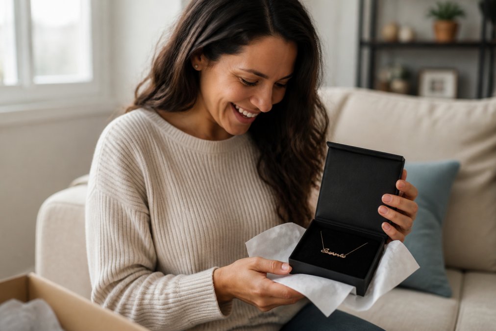 Woman carefully unwrapping a personalized gift box, opening it to reveal a custom name necklace, genuine smile of delight and emotion captured in soft natural lighting