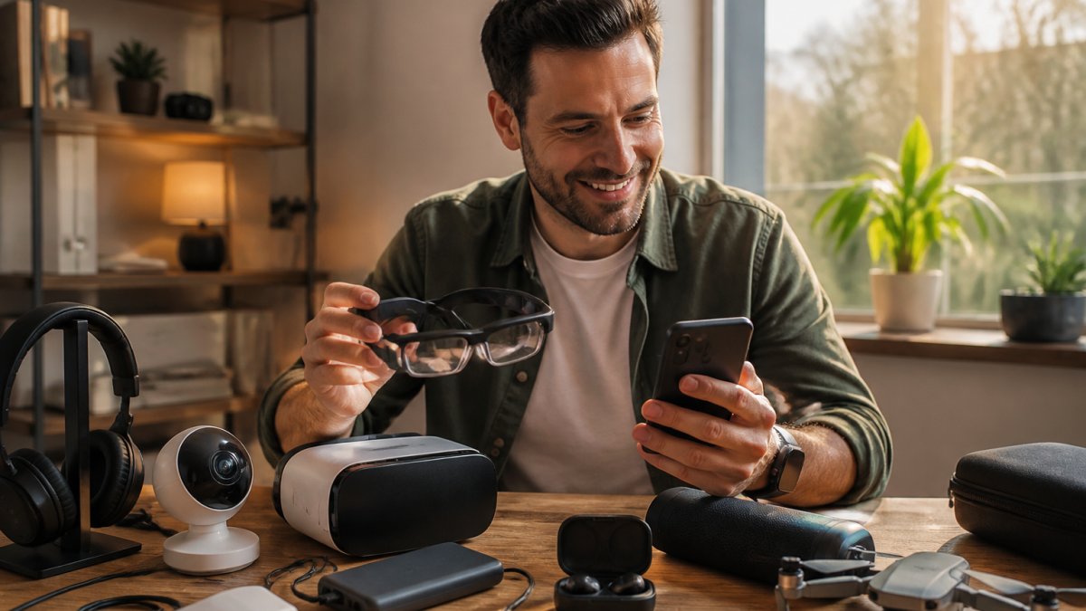 A person sitting at a desk surrounded by gadgets, holding a pair of smart glasses and smiling while looking at a smartphone, warm afternoon light through a window