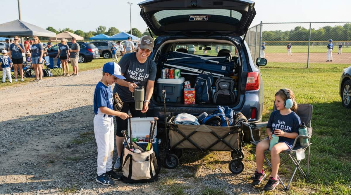 A family loading a wheeled cooler and insulated water bottles into an SUV before heading to a youth sports tournament, with kids in athletic gear visible in the background