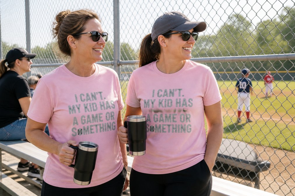 Sports parents wearing personalized team apparel and holding insulated travel mugs while standing on the sidelines at a youth baseball game, bleachers visible in the background with morning sunlight