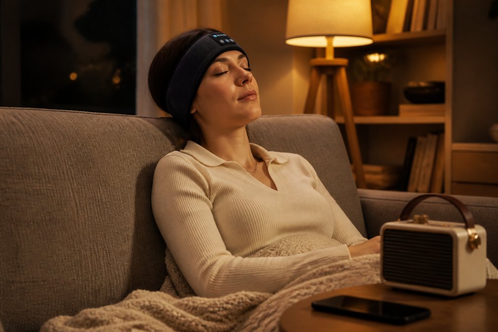 A young professional wearing a Bluetooth sleep headband while relaxing on a couch, with a retro-style mini speaker on the coffee table beside them, warm evening light filling the room