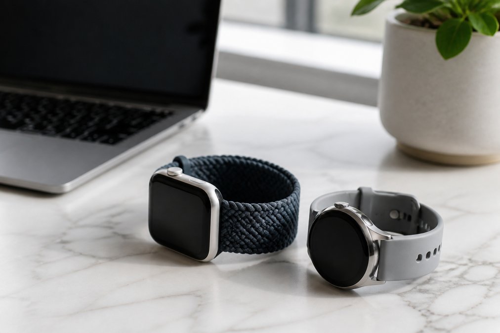 Close-up of a wrist wearing a woven smartwatch band, perfect for tech lovers at their desk with an open laptop